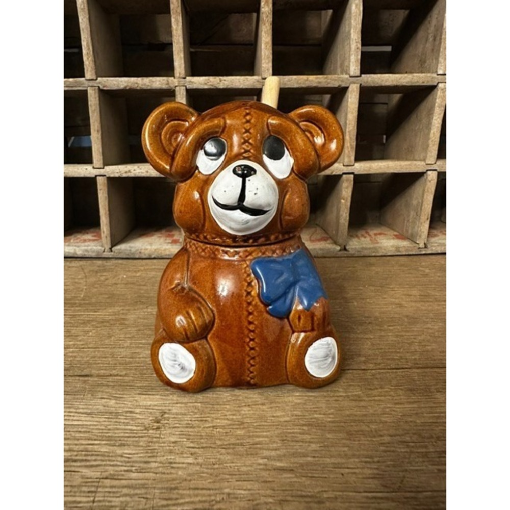 Houston Foods Teddy Bear Ceramic Honey Pot 1982 WITH Spoon